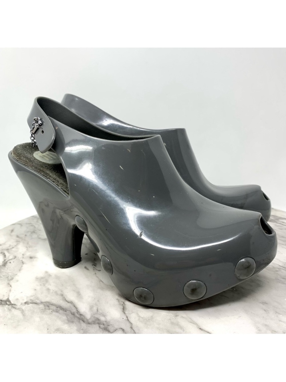 Melissa Loving Peep Toe Gray Slingback Platform Clogs 6 Edgy Sporty Avant Garde